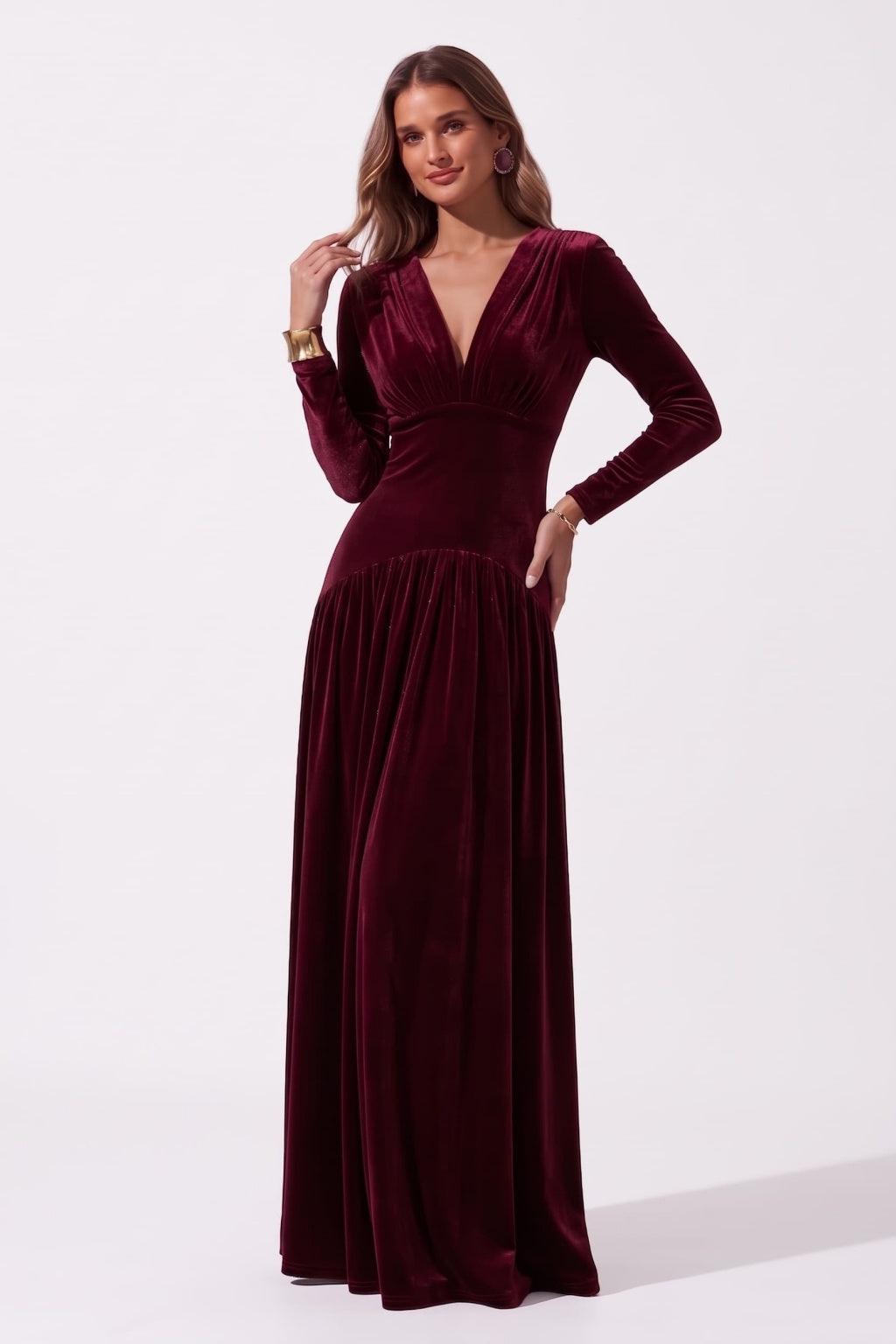 A-Line Floor Length Velvet Special Occasion Dress CS1097 - Wine - COCOMELODY